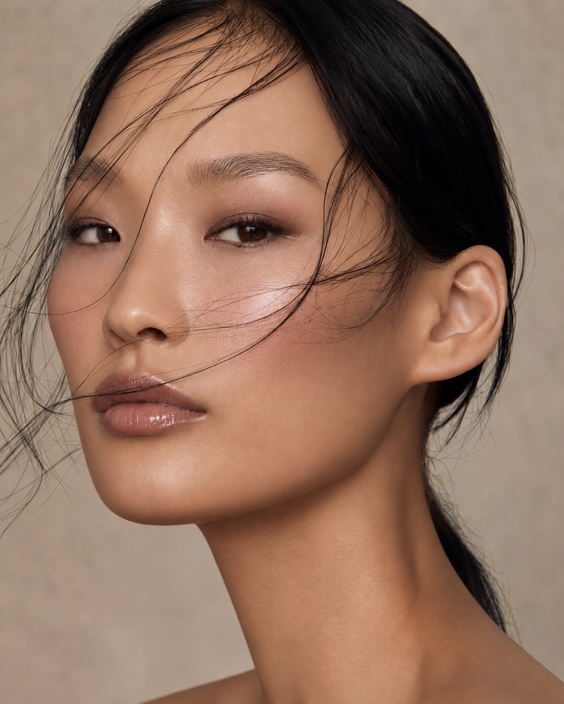Close-up of a person with minimal makeup against a neutral background