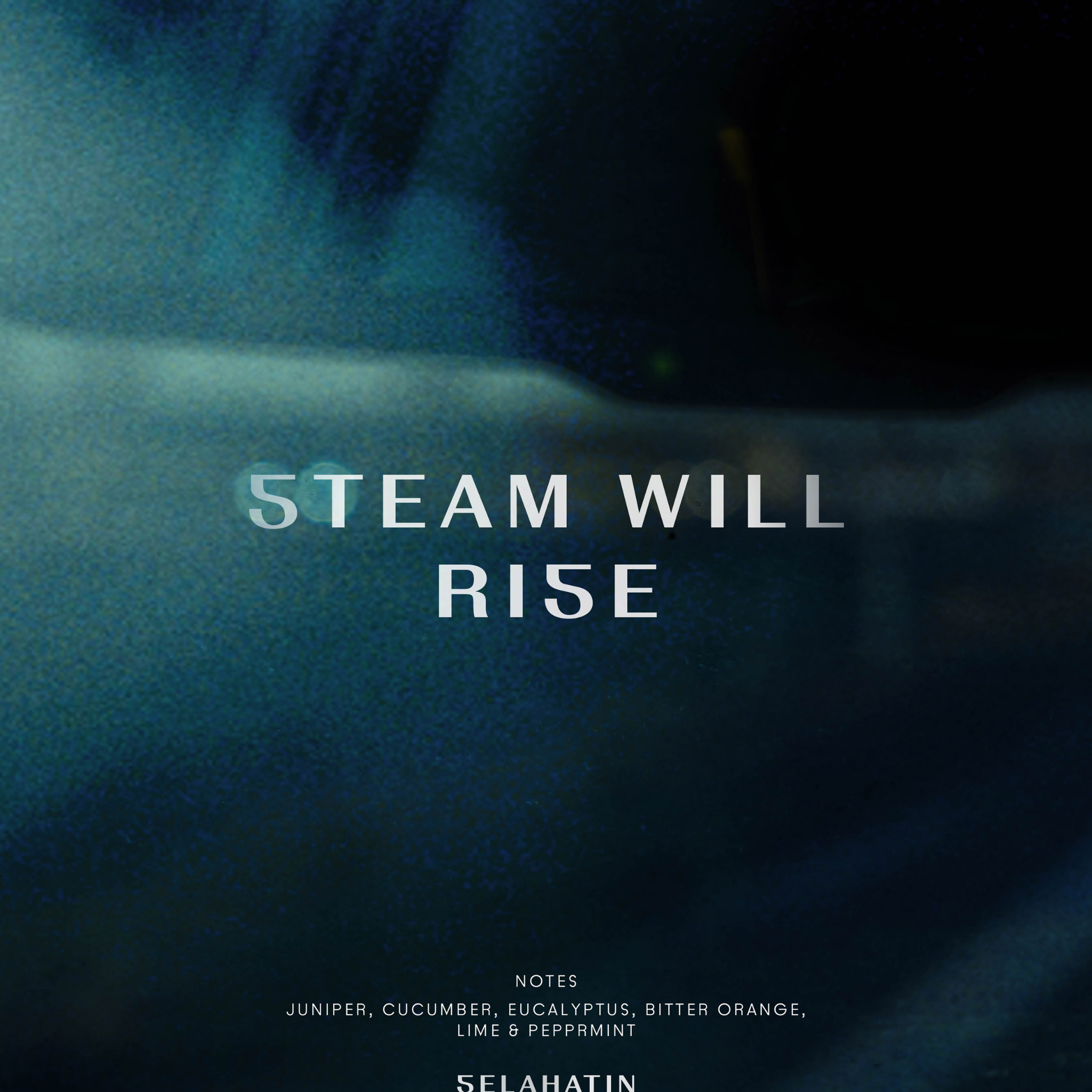 Selahatin product editorial with Steam Will Rise typography, featuring botanical notes of juniper, cucumber, eucalyptus, bitter orange, lime, and peppermint