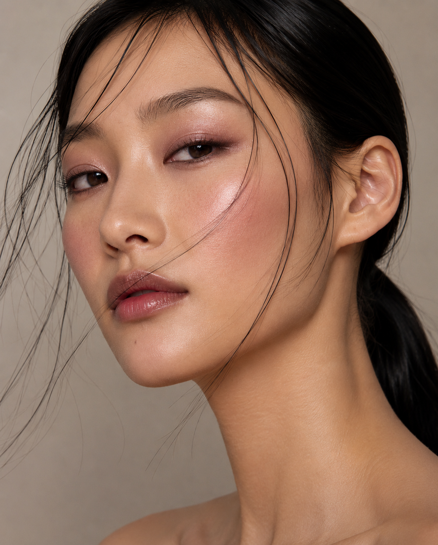 Close-up of a person with minimal makeup against a neutral background