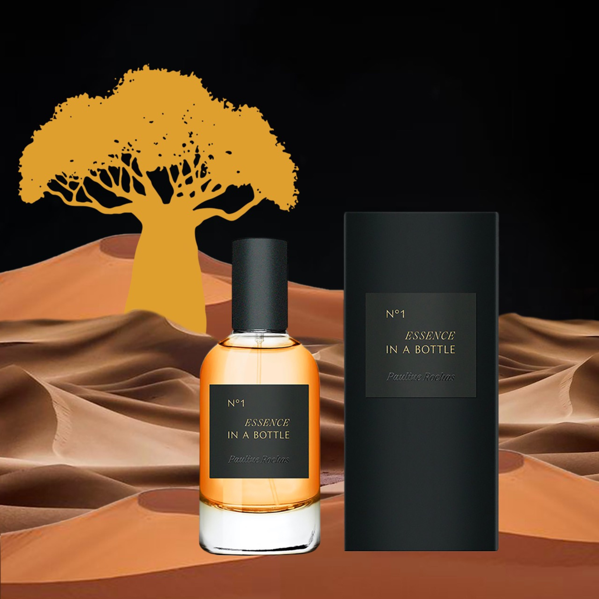 Pauline Rochas No1 Essence in a Bottle perfume with packaging, featuring artistic desert landscape with golden tree silhouette
