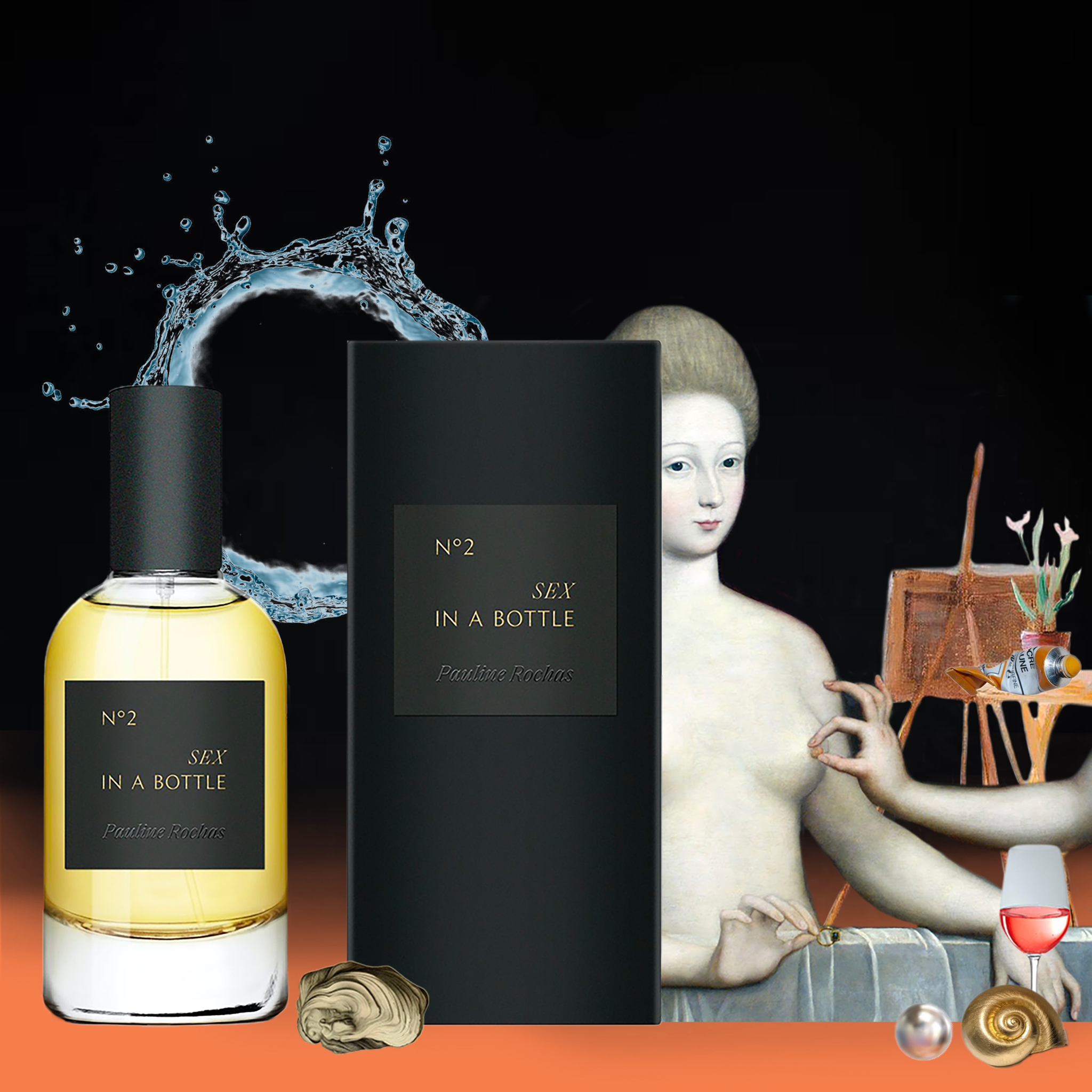 Pauline Rochas Sex in a Bottle No2 perfume with artistic composition featuring water splash, baroque-style figure, and surreal elements
