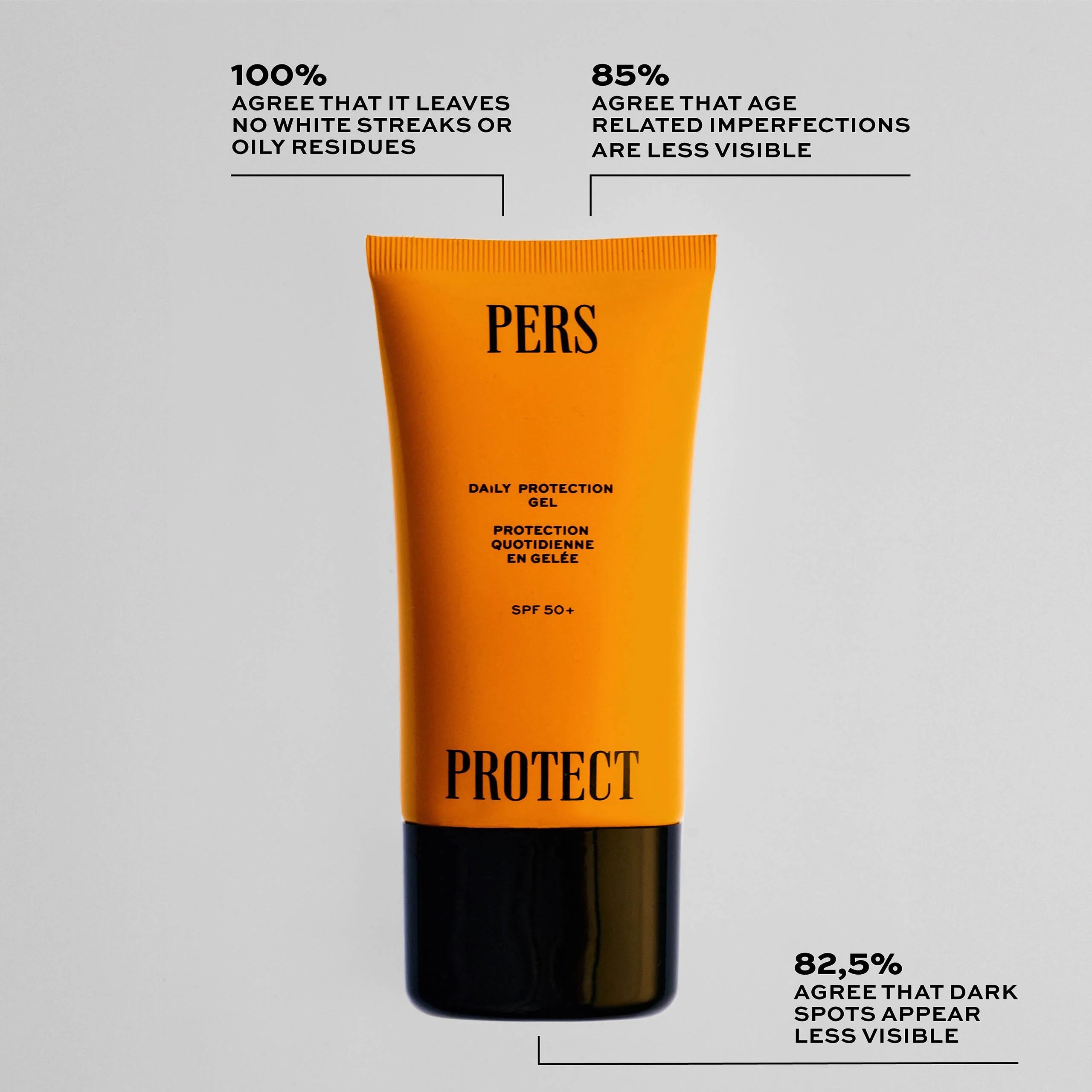 PERS PROTECT Daily Protection Gel SPF 50+ in vibrant orange tube, showcasing clinical results: 100% agree no white streaks, 85% see reduced age spots, 82.5% notice less visible dark spots
