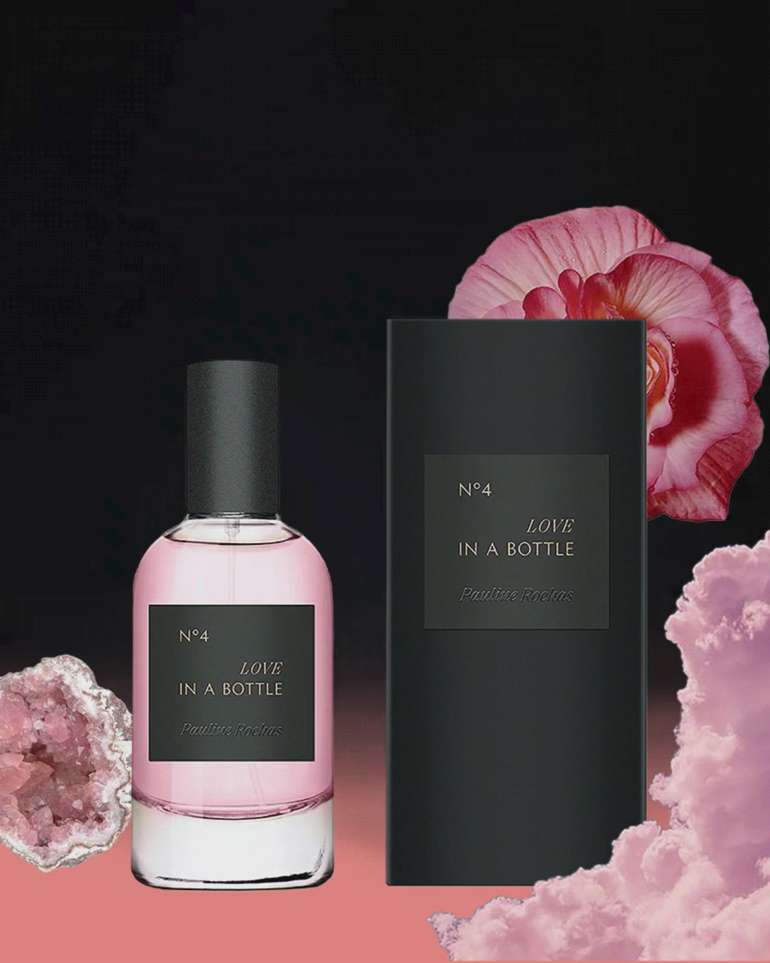 Pauline Rochas 'Love in a Bottle' perfume, minimalist glass bottle design capturing romantic, ethereal essence