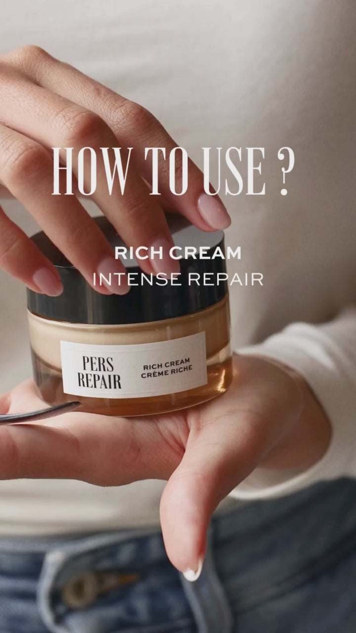 PERS Rich Cream being applied in a skincare routine video, demonstrating luxurious texture and gentle moisturizing technique for intensive hydration
