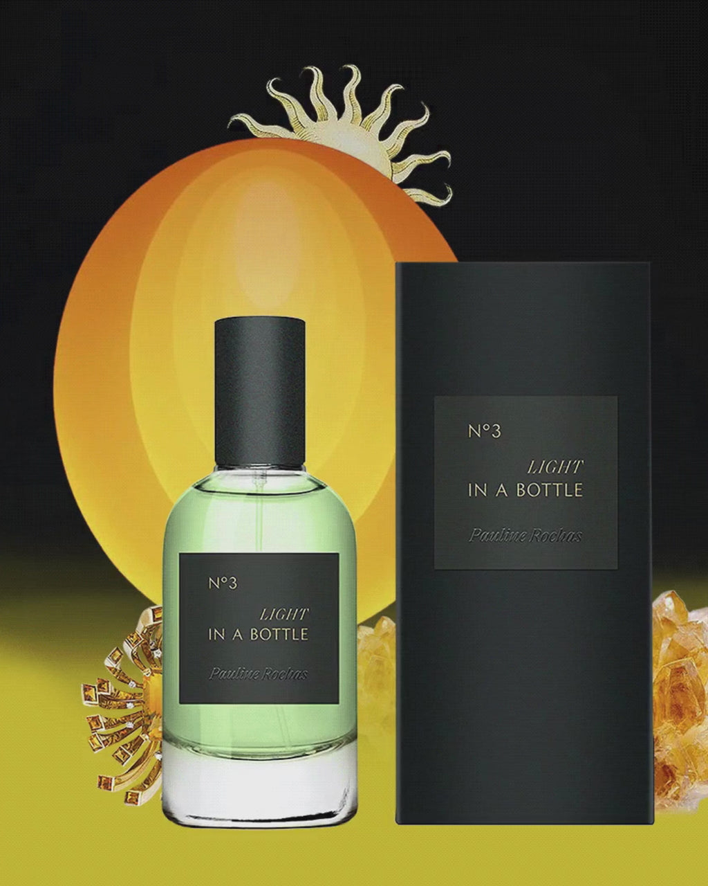 Pauline Rochas 'Light in a Bottle' perfume, showcasing minimalist glass bottle design with ethereal, luminous aesthetic
