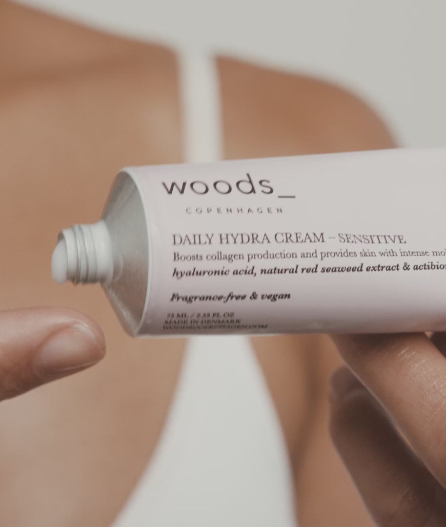 Woods Copenhagen Daily Hydra Cream Sensitive video tutorial - demonstrating gentle application technique for sensitive skin, showcasing lightweight, hydrating texture