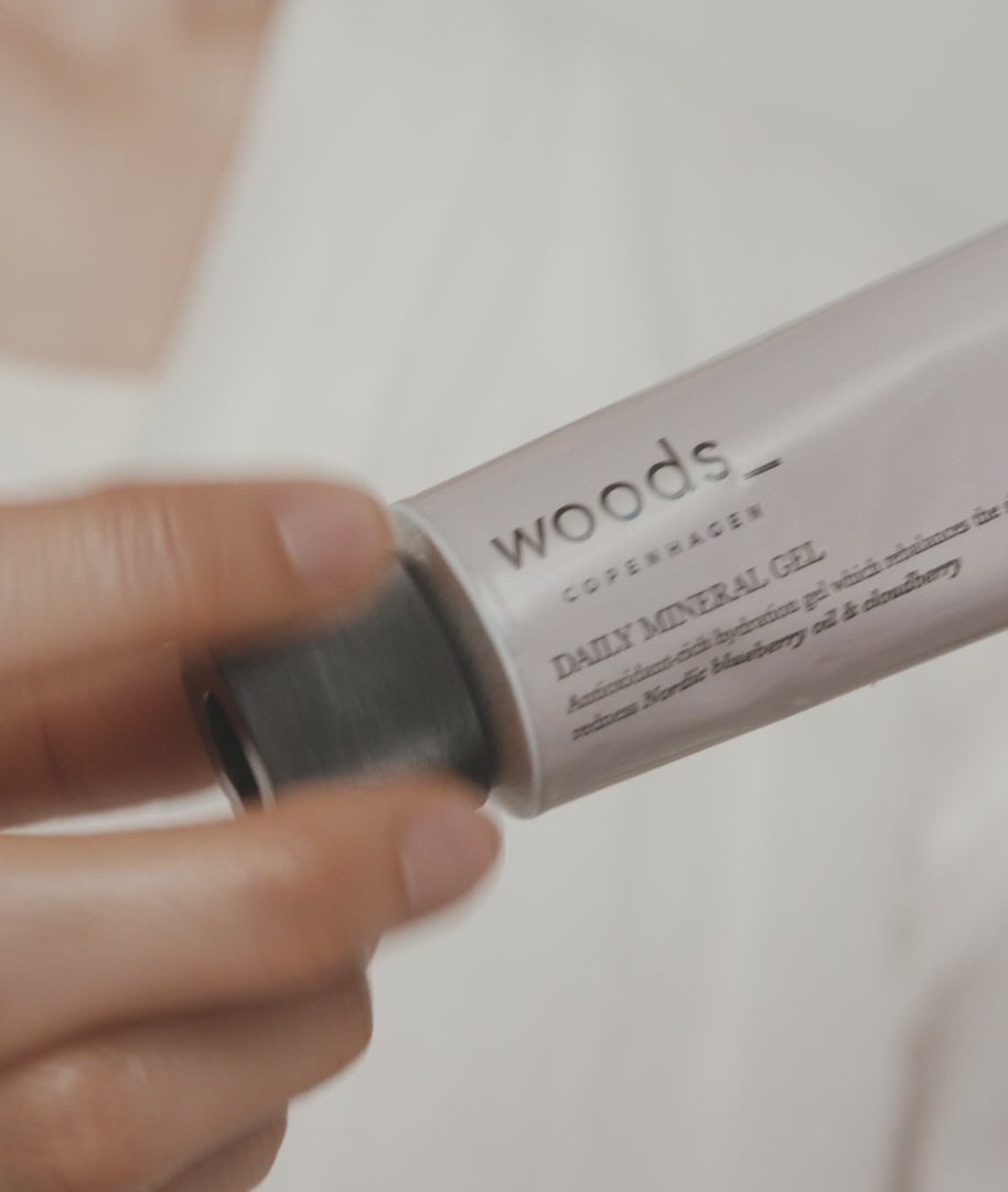 Woods Copenhagen Daily Mineral Gel video tutorial - demonstrating lightweight mineral gel texture, smooth application technique for all skin types