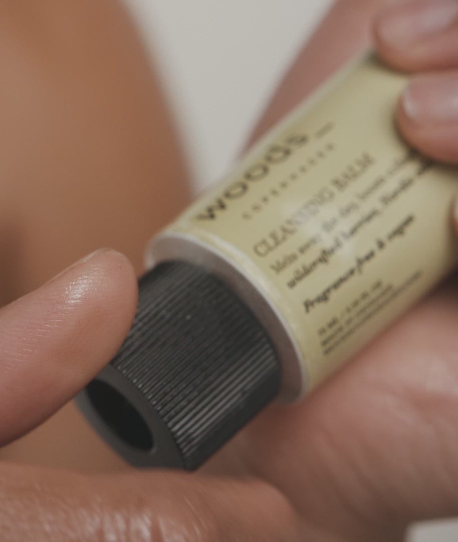Woods Copenhagen Cleansing Balm video tutorial - demonstrating smooth makeup removal technique, transformative texture, and gentle skincare ritual