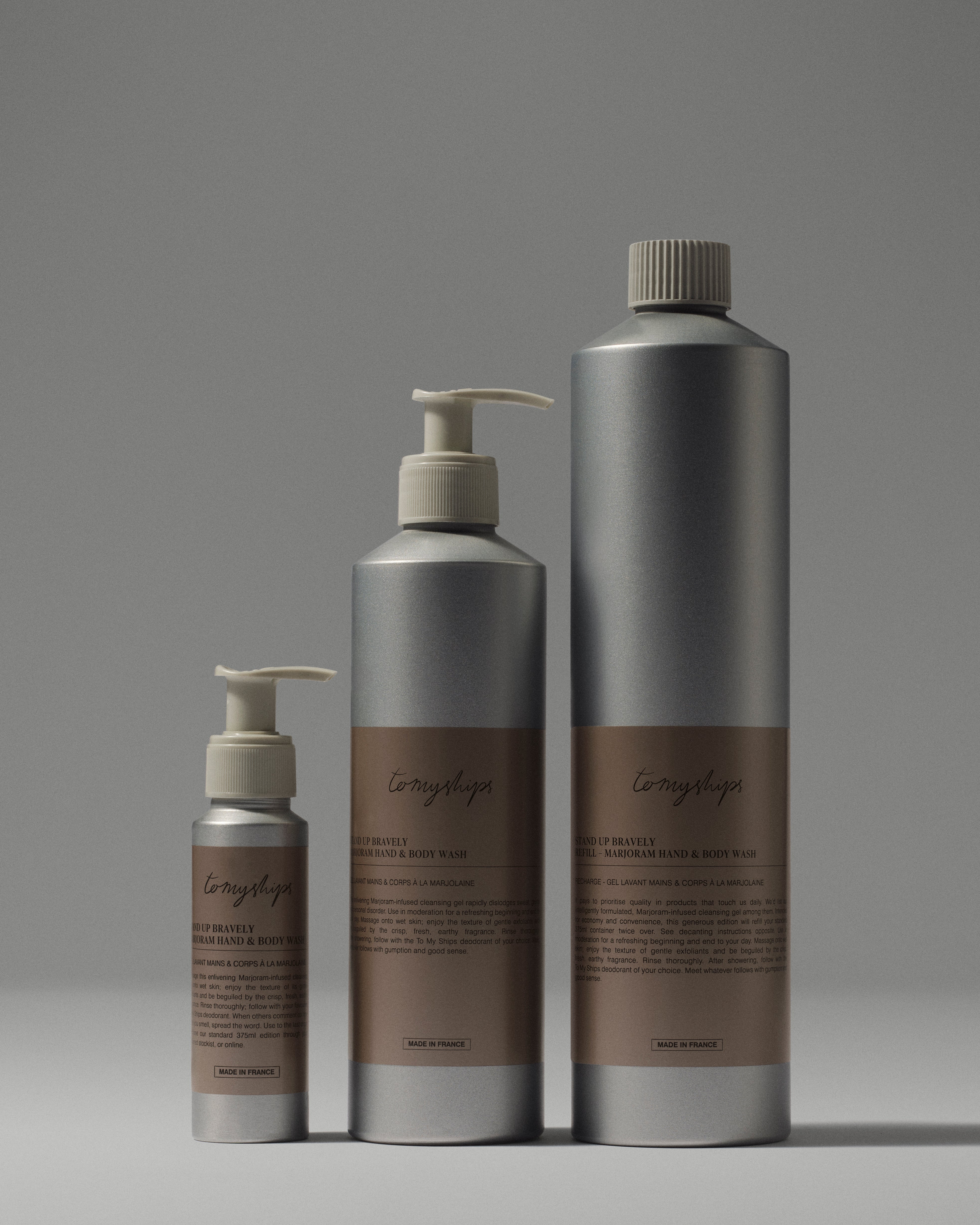 To My Ships marjoram hand and body wash range in an editorial product composition