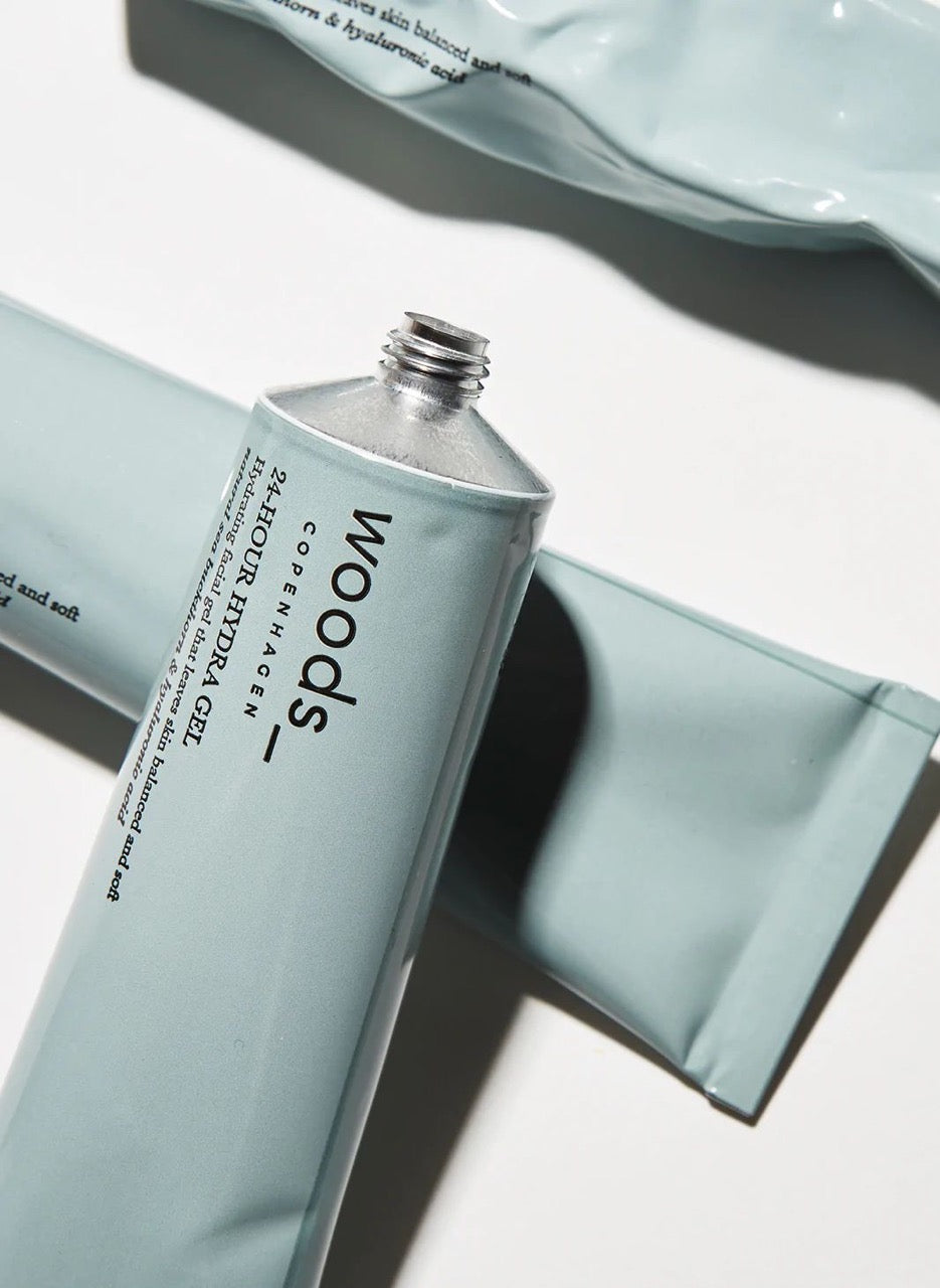 Woods Copenhagen 24-Hour Hydra Gel in minimalist mint green packaging - water-based non-greasy moisturizer with hyaluronic acid for instant 24-hour hydration and matte finish