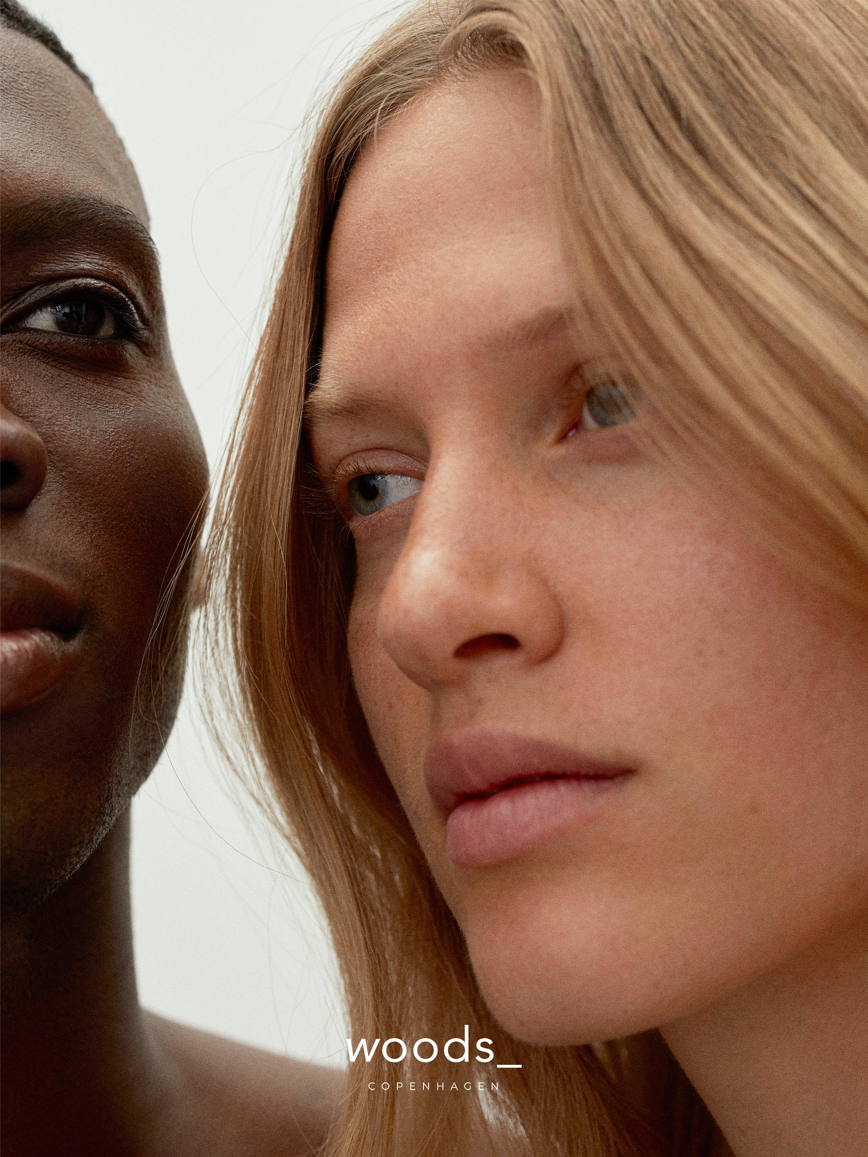 Woods Copenhagen beauty editorial featuring two models with different skin tones, showcasing inclusive, natural beauty and minimal makeup
